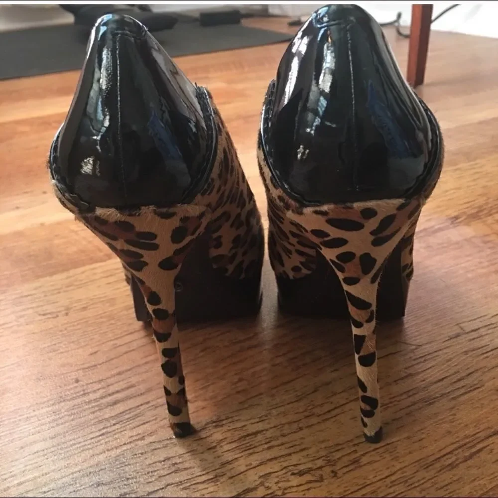 Rachel Roy Leopard Patent Leather Peep Toe Platform Heels Size 9.5